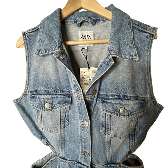 NWT Zara Full Length Denim Cut Out Jumpsuit Sz XL Sleeveless Distressed - Picture 7 of 16